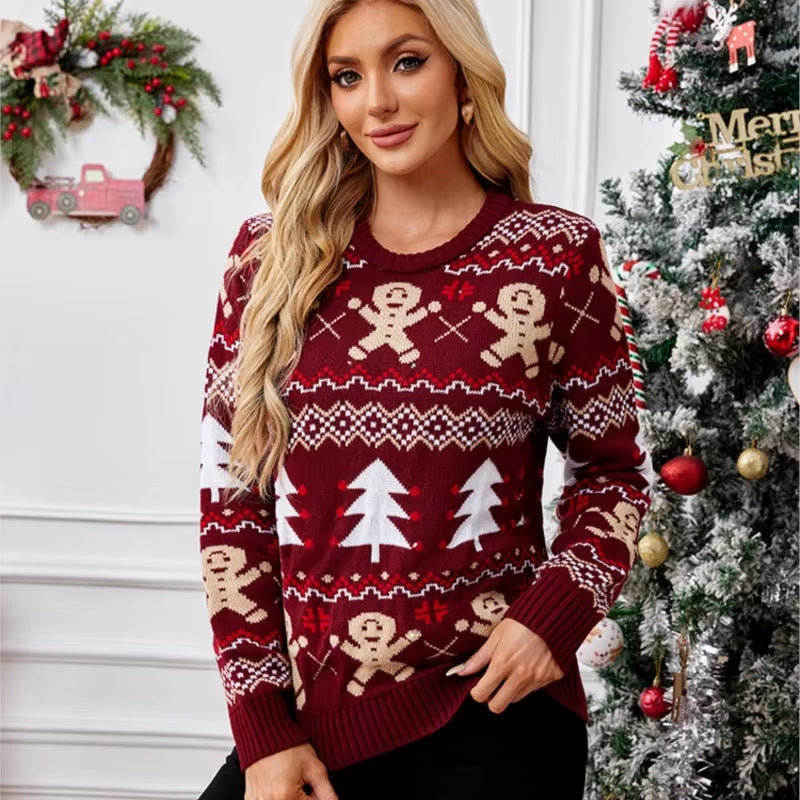 Gingerbread Man Knitted Christmas Sweater Wine Red Casual Long Sleeve Christmas Tree Striped Warm Autumn/Winter Sweater 2024 New