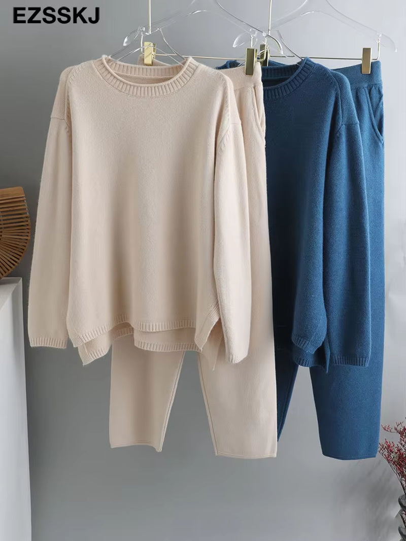 2 Pieces Set Women Knitted Tracksuit O-Neck Sweater + Granny Pants Sweater Set Female Knitted Sweater Suit Homewear Sweater