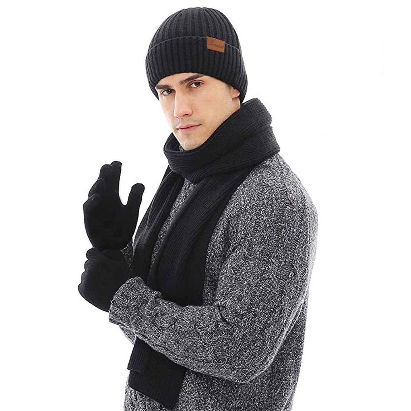 INSISMY. Knitted  Men's Hat, Scarf and Touch Screen Gloves Set