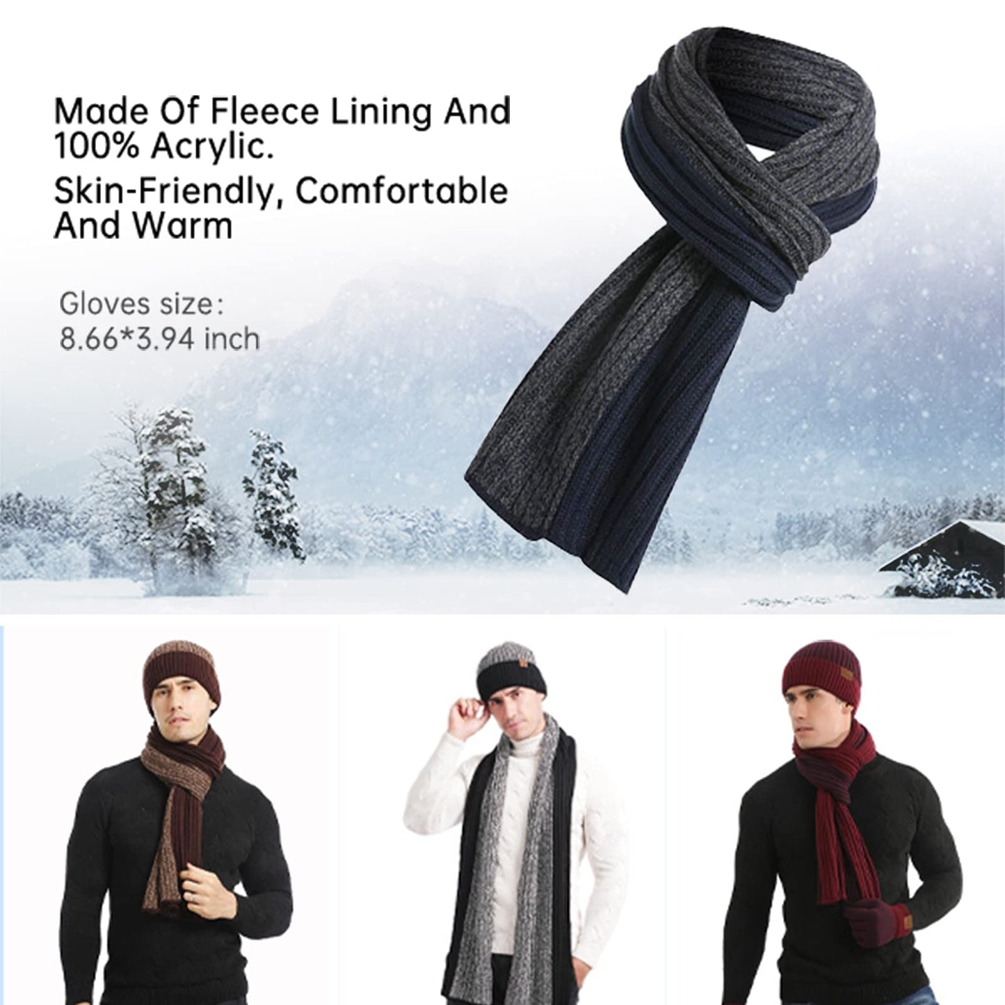 INSISMY. Knitted  Men's Hat, Scarf and Touch Screen Gloves Set