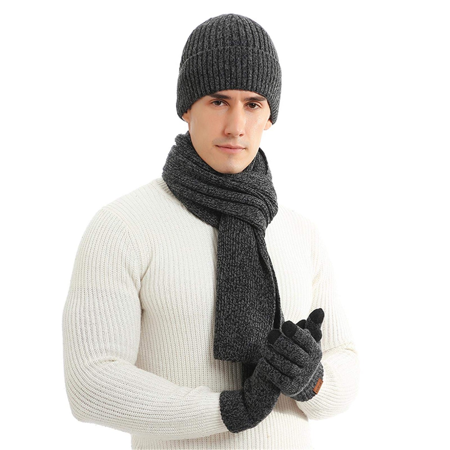 INSISMY. Knitted  Men's Hat, Scarf and Touch Screen Gloves Set