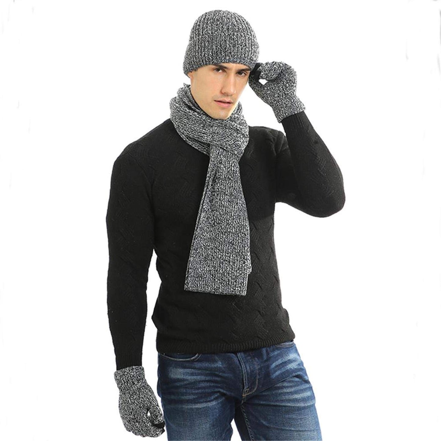 INSISMY. Knitted  Men's Hat, Scarf and Touch Screen Gloves Set