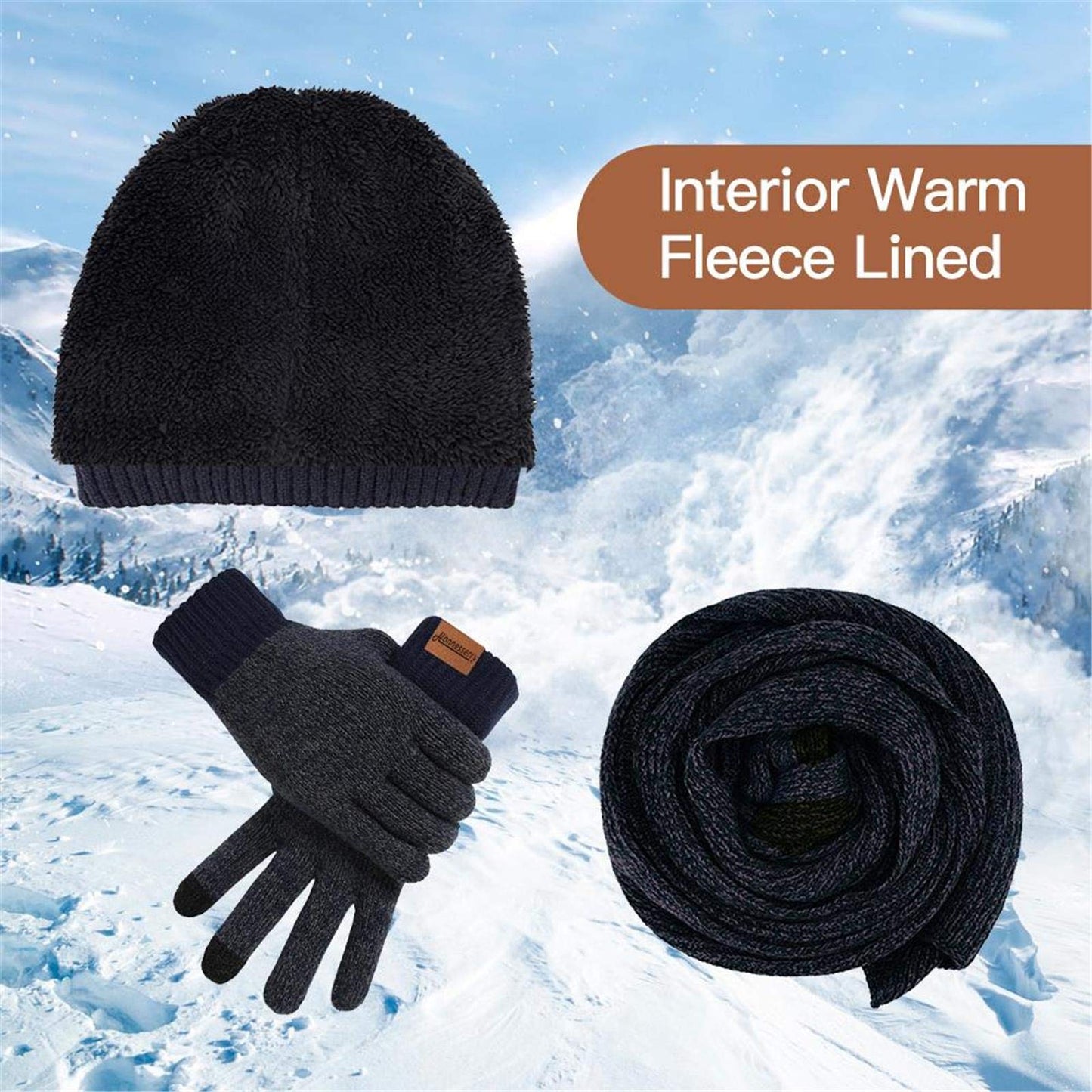 INSISMY. Knitted  Men's Hat, Scarf and Touch Screen Gloves Set