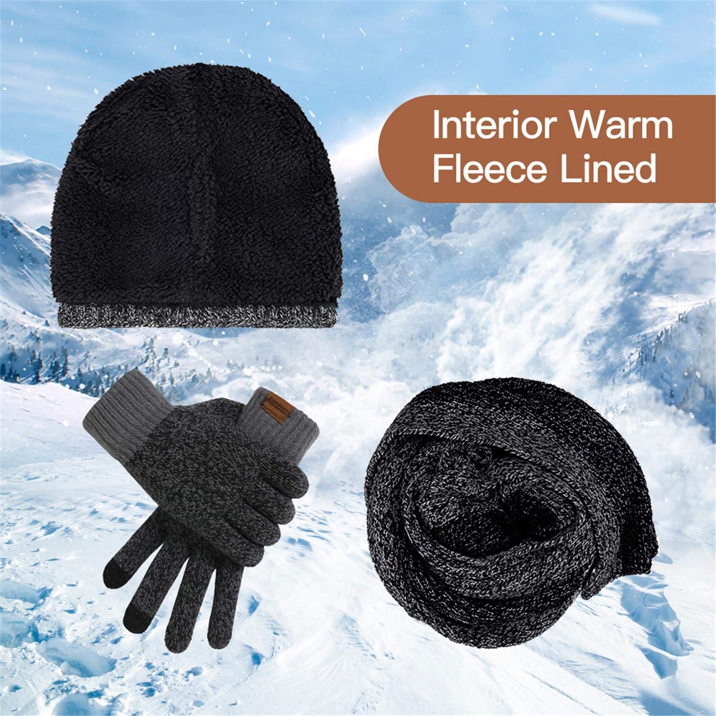 INSISMY. Knitted  Men's Hat, Scarf and Touch Screen Gloves Set