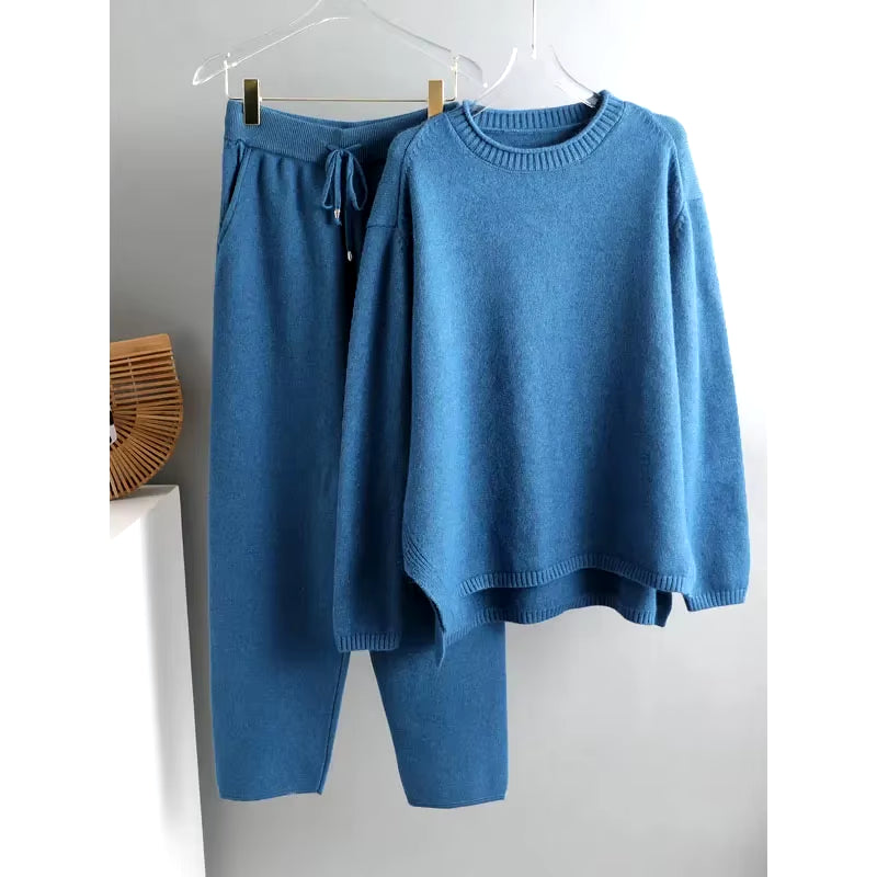 2 Pieces Set Women Knitted Tracksuit O-Neck Sweater + Granny Pants Sweater Set Female Knitted Sweater Suit Homewear Sweater