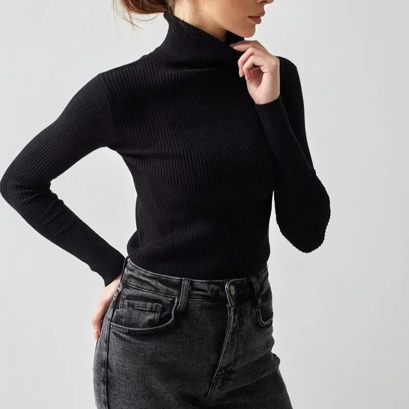 Autumn Slim Fit High Collar Warm Long Sleeve Knitted Wool Sweater Women Clothing Fresh Sweet Style Cotton Material