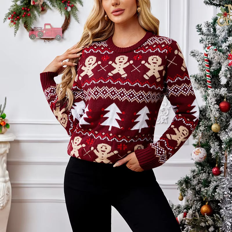 Gingerbread Man Knitted Christmas Sweater Wine Red Casual Long Sleeve Christmas Tree Striped Warm Autumn/Winter Sweater 2024 New