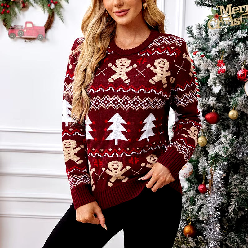 Gingerbread Man Knitted Christmas Sweater Wine Red Casual Long Sleeve Christmas Tree Striped Warm Autumn/Winter Sweater 2024 New