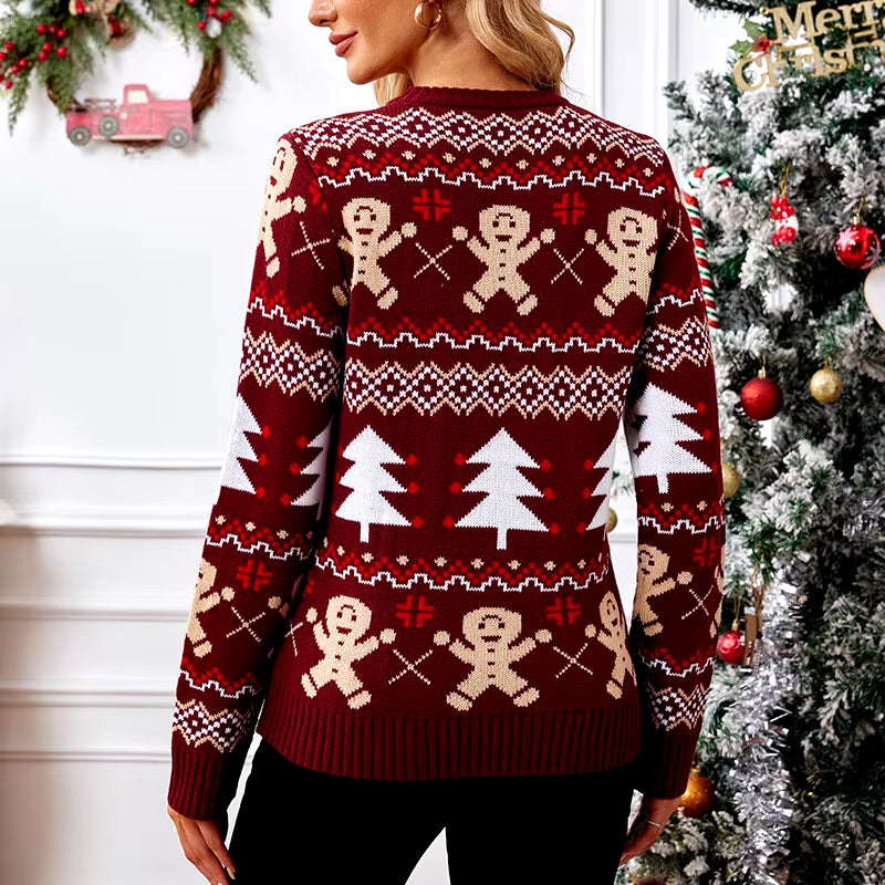 Gingerbread Man Knitted Christmas Sweater Wine Red Casual Long Sleeve Christmas Tree Striped Warm Autumn/Winter Sweater 2024 New